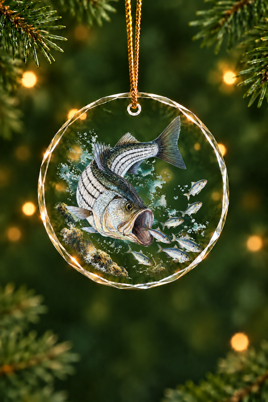Surf Blitz Striped Bass Glass Ornament, Angler Holiday Tree Decor