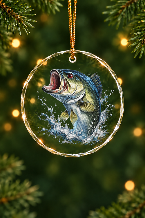 Midnight Bass Surge Glass Ornament, Angler Holiday Tree Decor