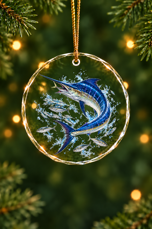 Baitball Blue Marlin Glass Ornament, Saltwater Fishing Christmas Keepsake
