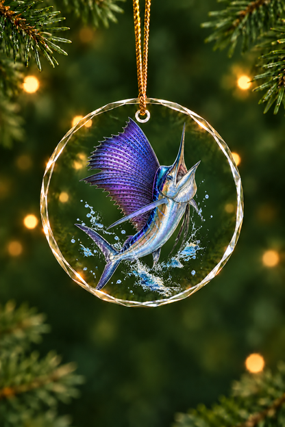 Golden Leap Sailfish Glass Ornament, Fisherman Christmas Gift