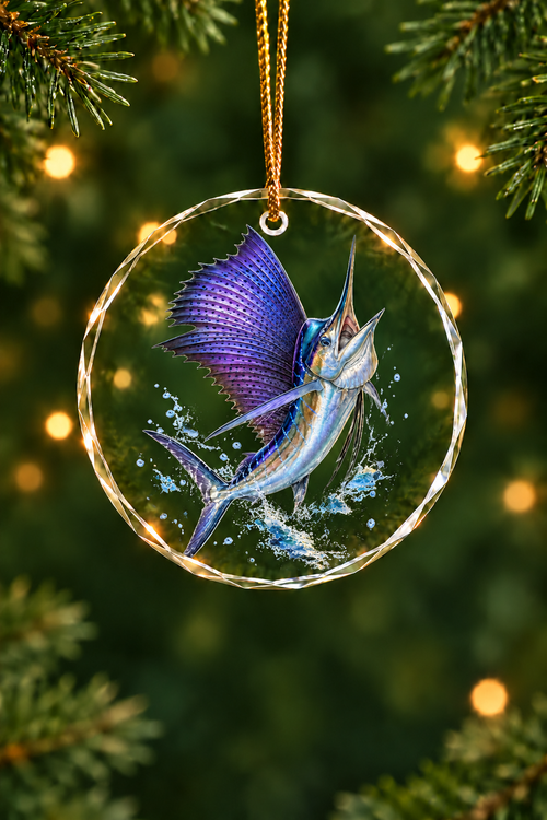 Golden Leap Sailfish Glass Ornament, Fisherman Christmas Gift