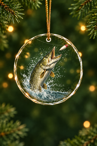 Backwater Pike Ambush Glass Ornament, Fishing Christmas Tree Keepsake