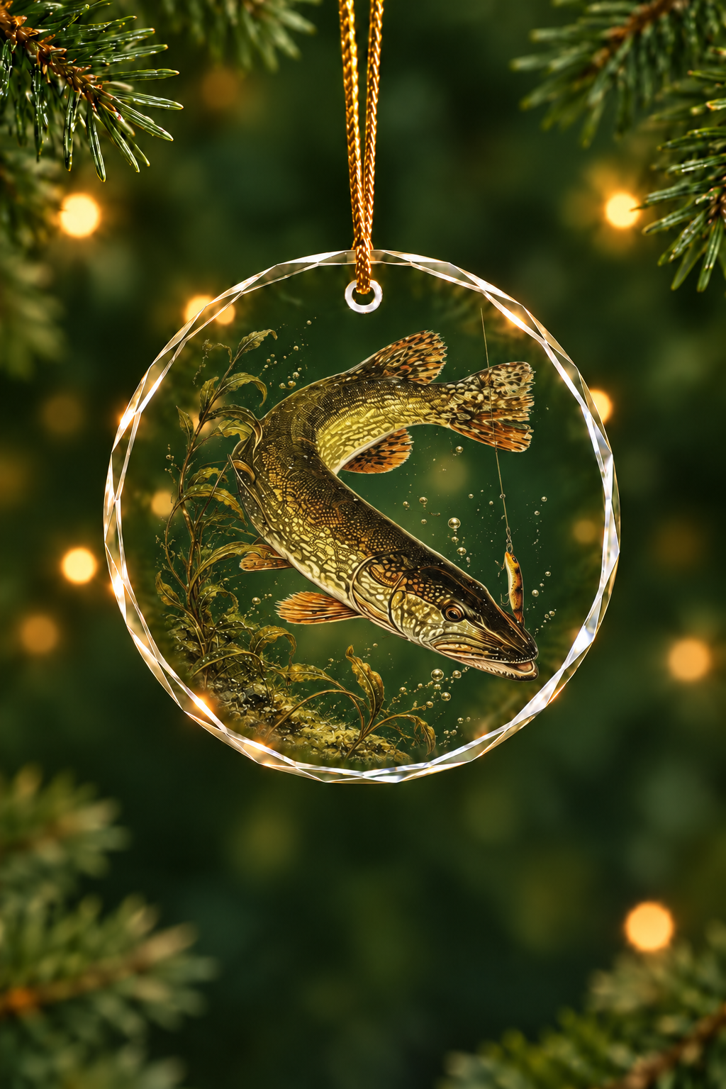 Hardwater Pike Haul Glass Ornament, Angler Holiday Tree Decor