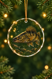 Hardrock Walleye Hunt Glass Ornament, Angler Holiday Tree Decor
