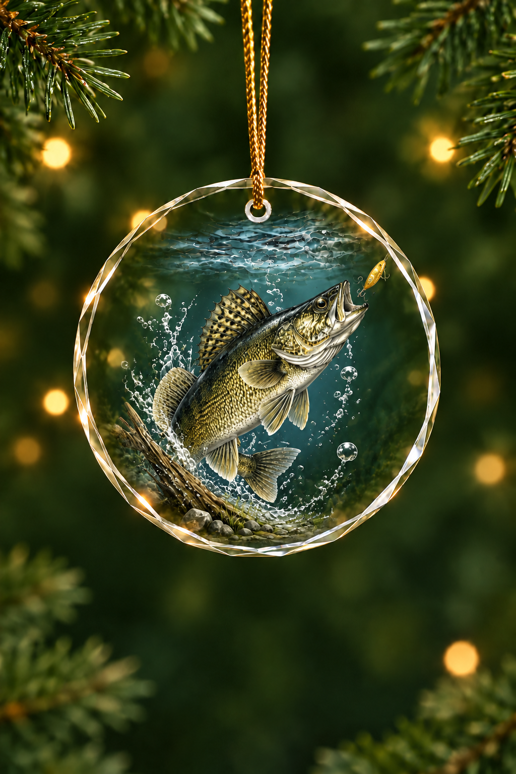 Walleye Strike Glass Ornament, Fishing Christmas Tree Keepsake