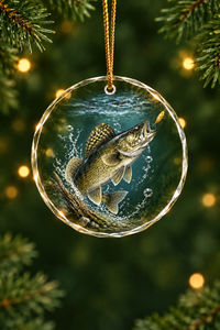 Walleye Strike Glass Ornament, Fishing Christmas Tree Keepsake