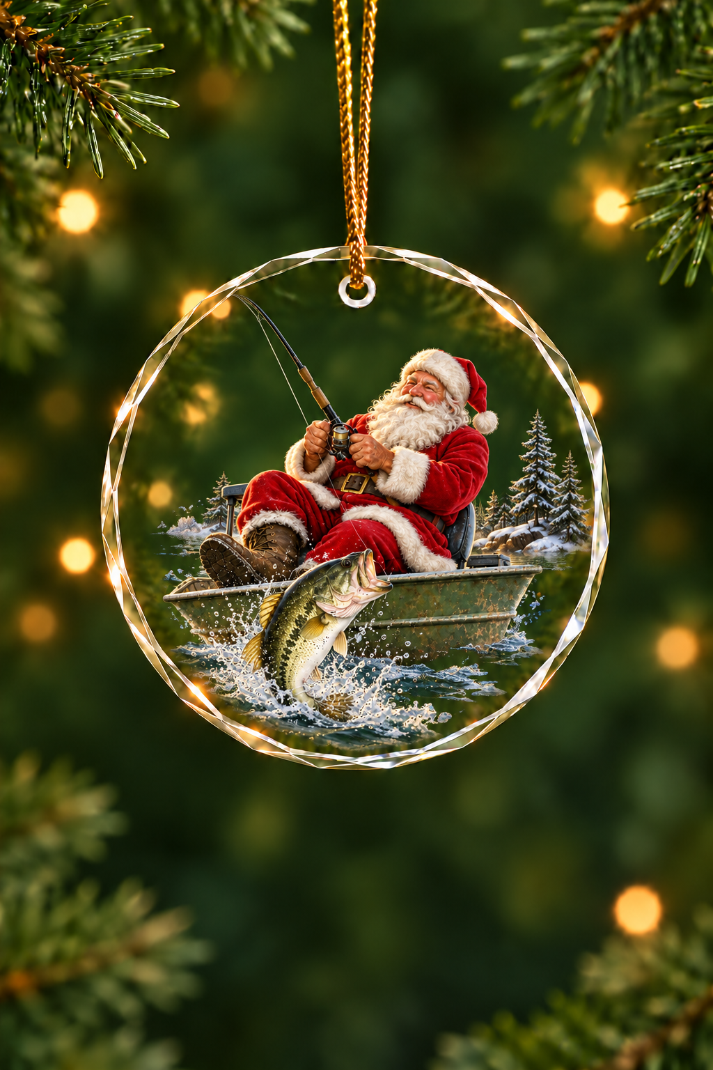 Santa's Hookset Bass Glass Ornament, Fisherman Christmas Gift