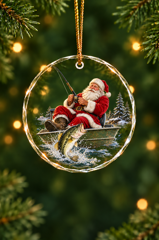 Santa's Hookset Bass Glass Ornament, Fisherman Christmas Gift