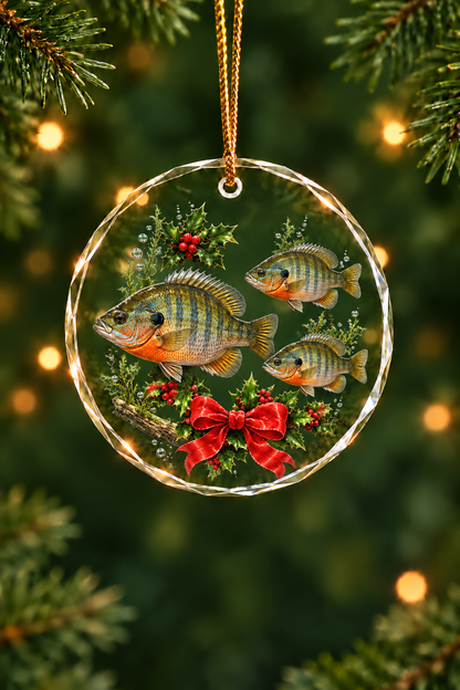 Holly Wreath Bluegill Glass Ornament, Fishing Christmas Tree Keepsake