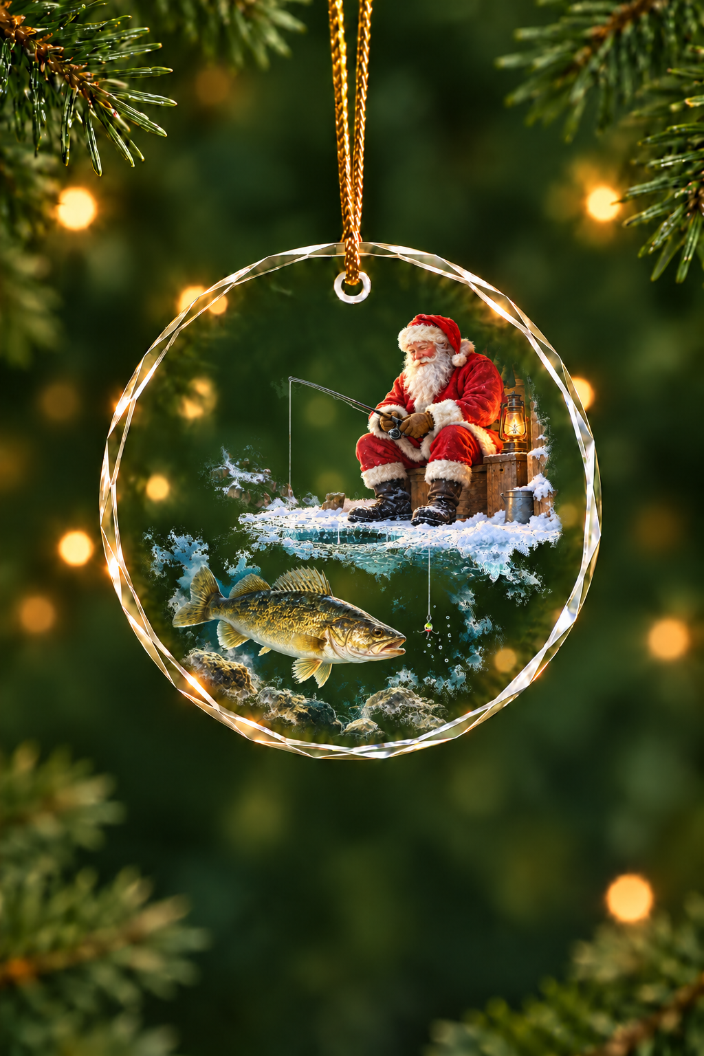 Santa's Ice Shanty Walleye Glass Ornament, Angler Holiday Tree Decor
