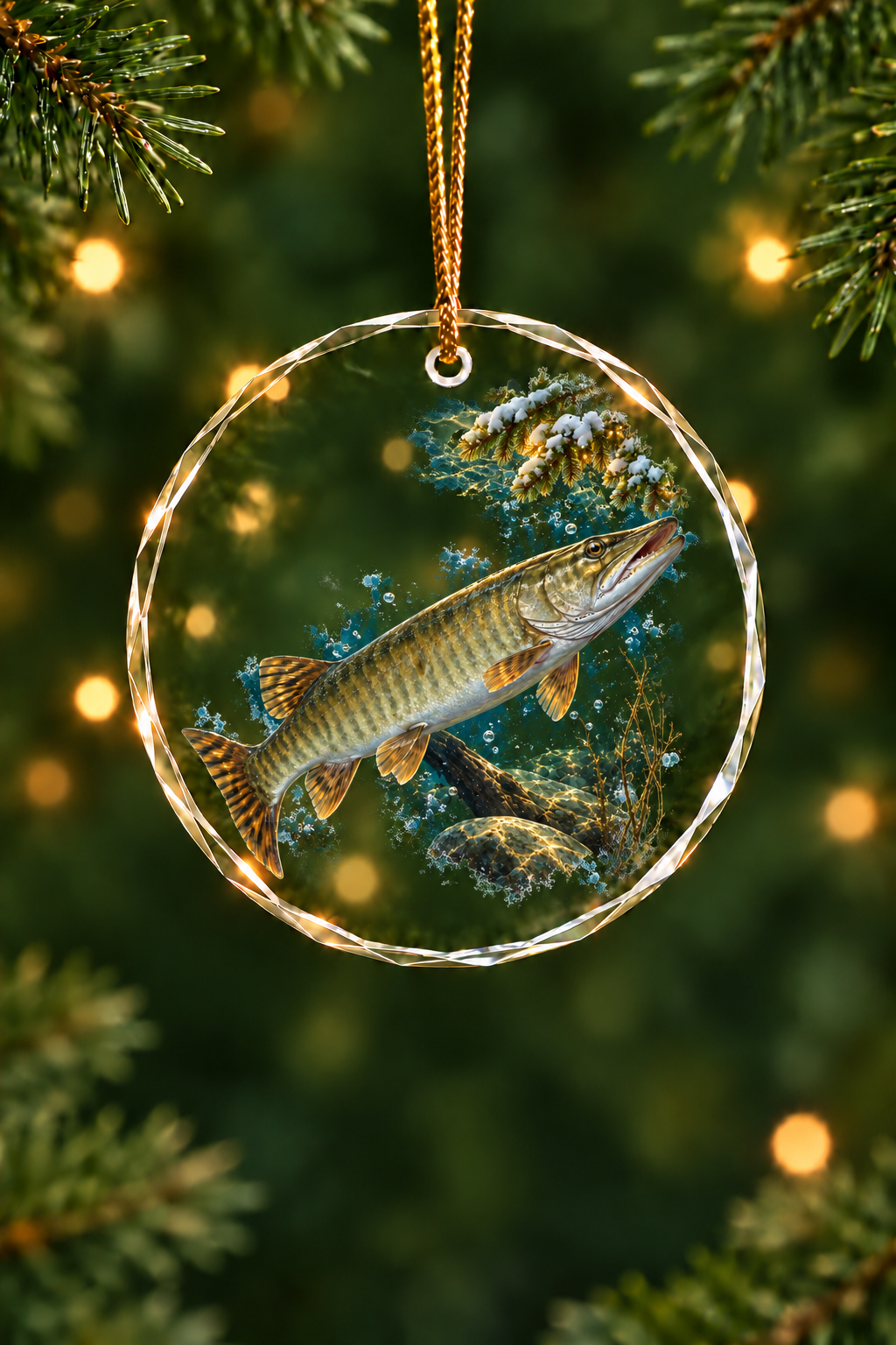 Moon Ice Musky Glass Ornament, Angler Holiday Tree Decor