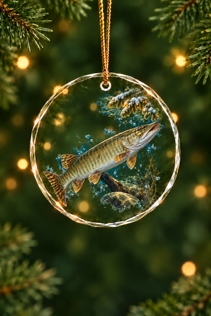 Moon Ice Musky Glass Ornament, Angler Holiday Tree Decor