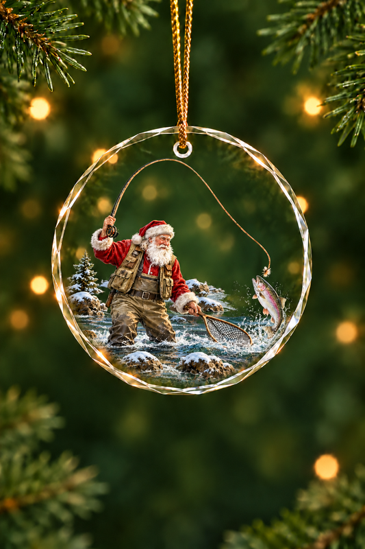 Santa's Fly Rainbow Trout Glass Ornament, Fishing Christmas Tree Keepsake