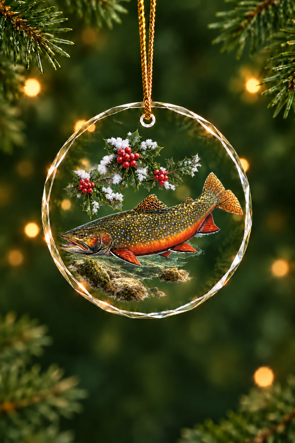 Holly Bank Brook Trout Glass Ornament, Fishing Christmas Tree Keepsake