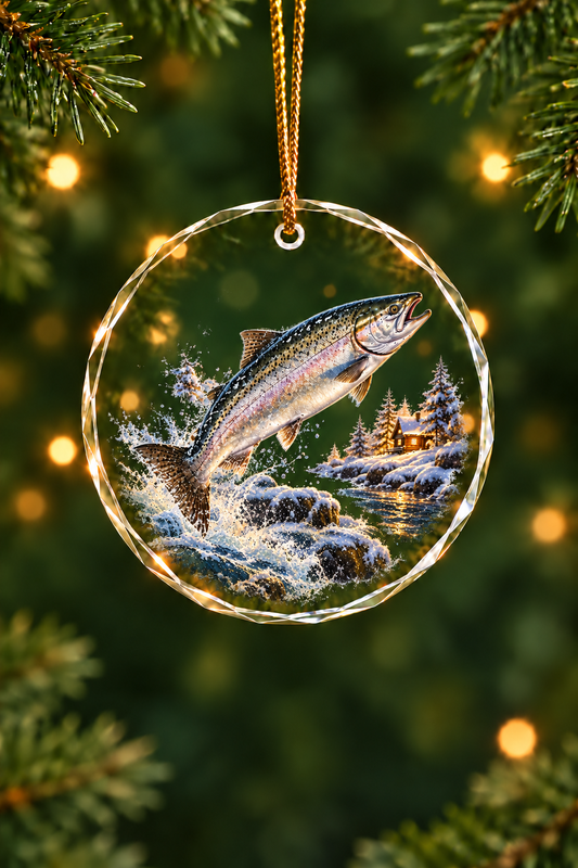 Snowfall Night King Salmon Glass Ornament, Fishing Christmas Tree Keepsake