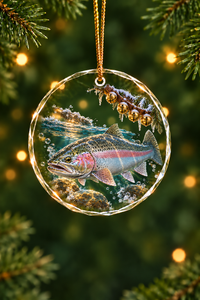 Sleigh Bell Steelhead Glass Ornament, Angler Holiday Tree Decor