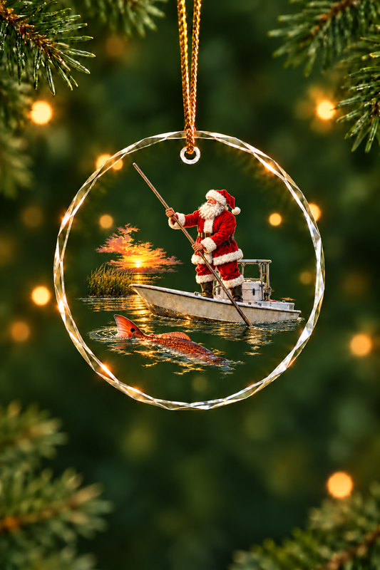 Santa's Skiff Redfish Glass Ornament, Saltwater Fishing Christmas Keepsake
