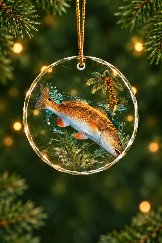 Lit Palm Redfish Glass Ornament, Saltwater Fishing Christmas Keepsake