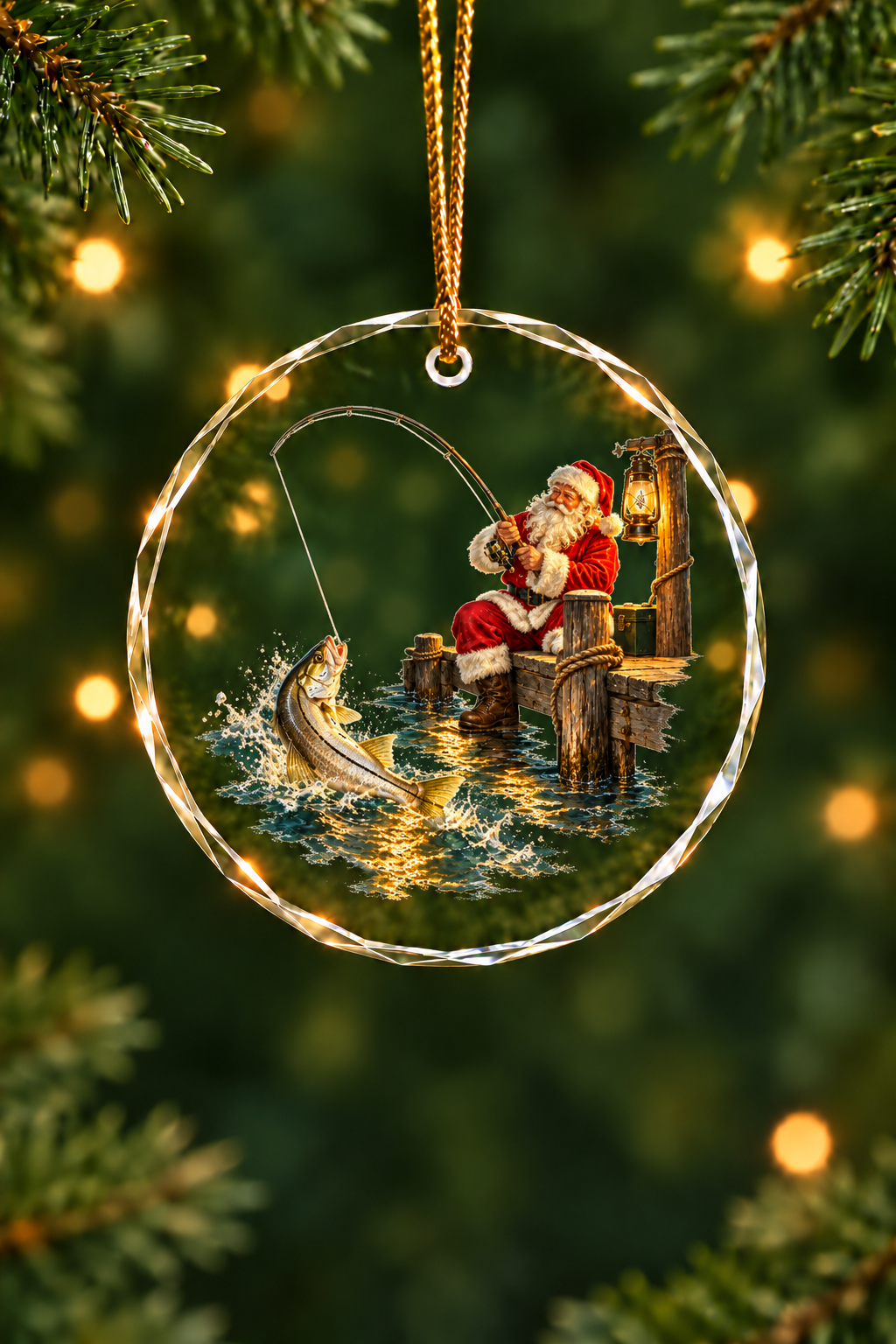 Santa's Dock Snook Glass Ornament, Angler Holiday Tree Decor