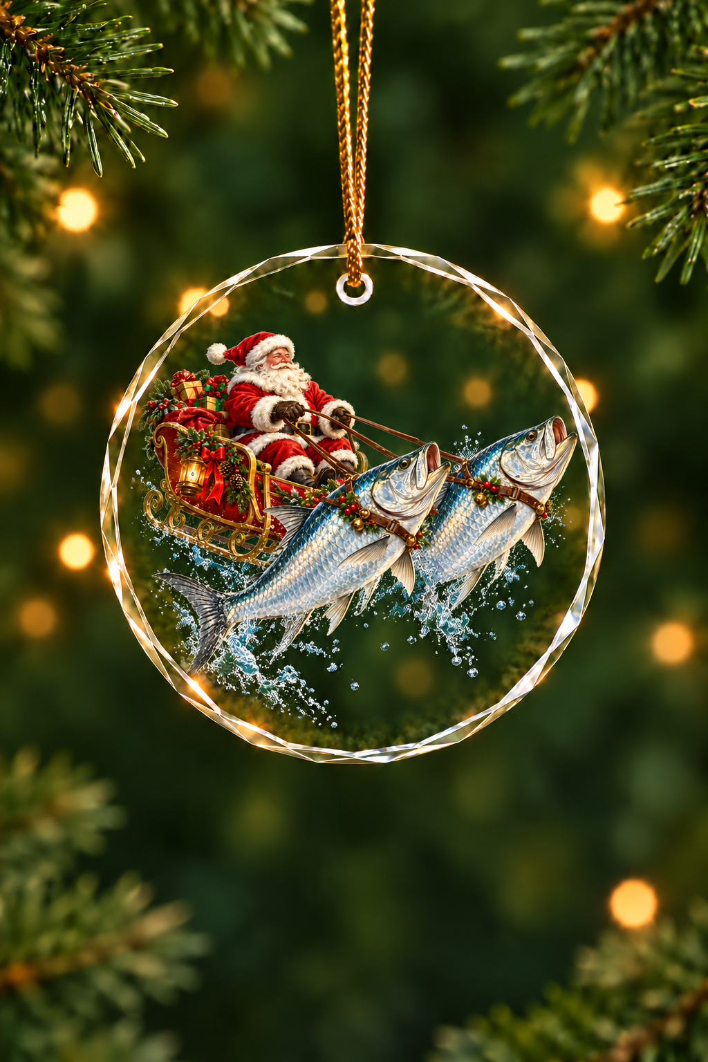 Santa's Tarpon Sleigh Glass Ornament, Saltwater Fishing Christmas Keepsake