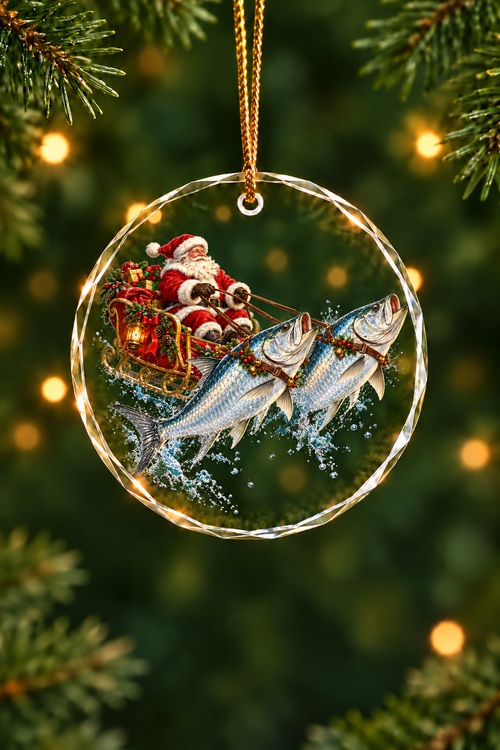 Santa's Tarpon Sleigh Glass Ornament, Saltwater Fishing Christmas Keepsake