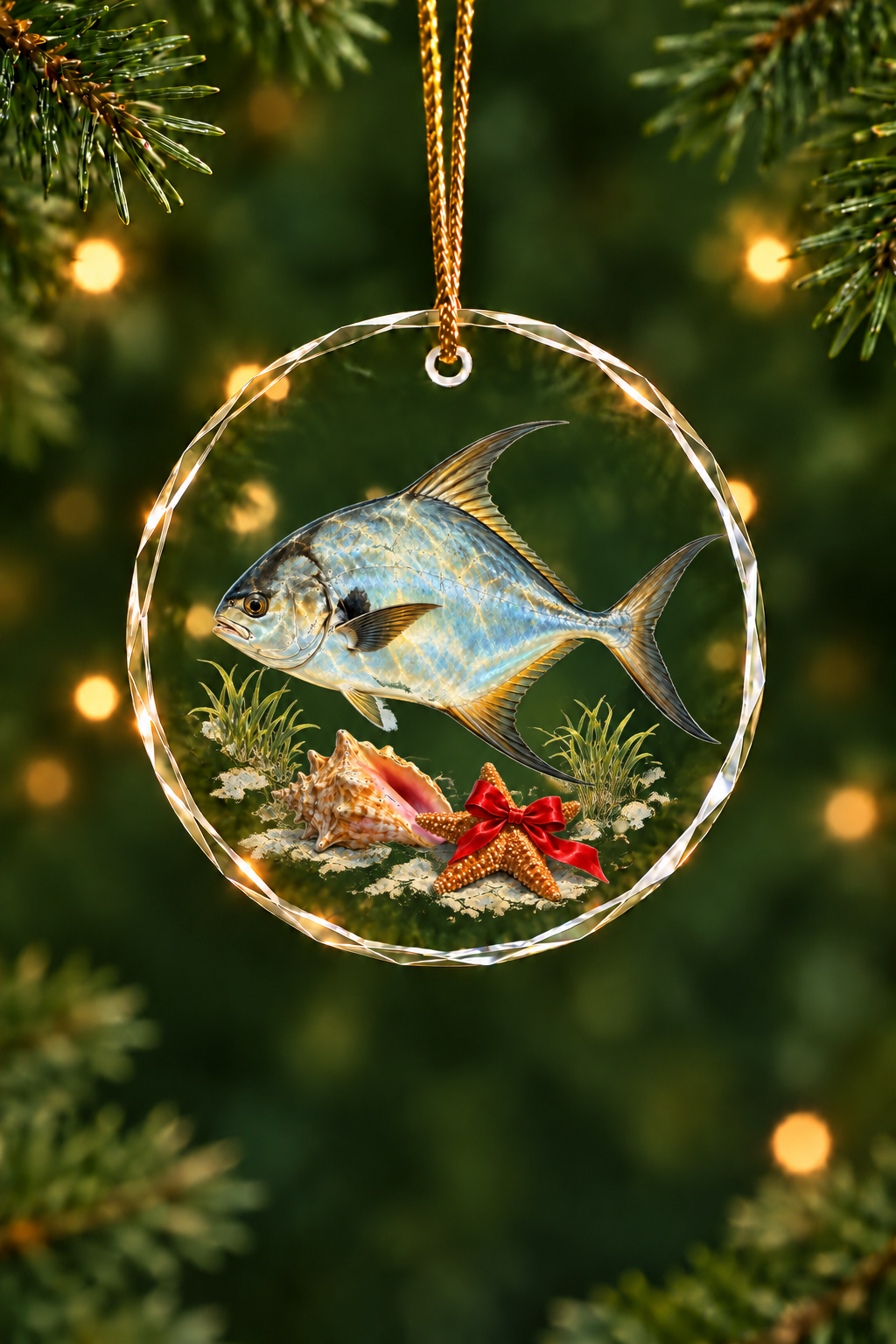 Starfish Bow Permit Glass Ornament, Angler Holiday Tree Decor