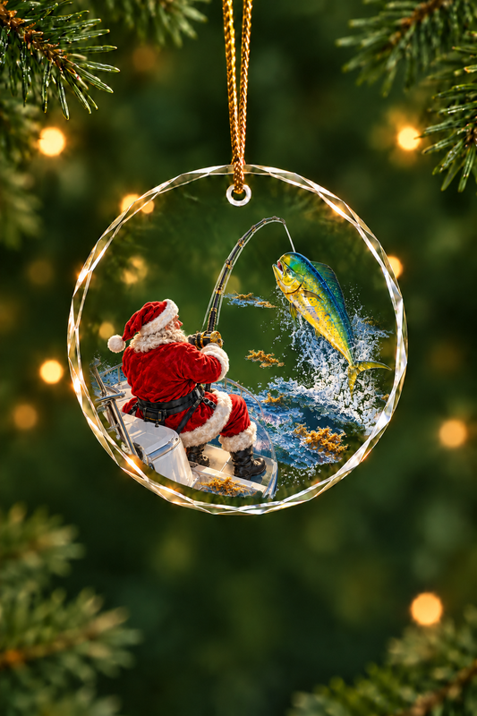 Santa's Bow Mahi Glass Ornament, Fisherman Christmas Gift