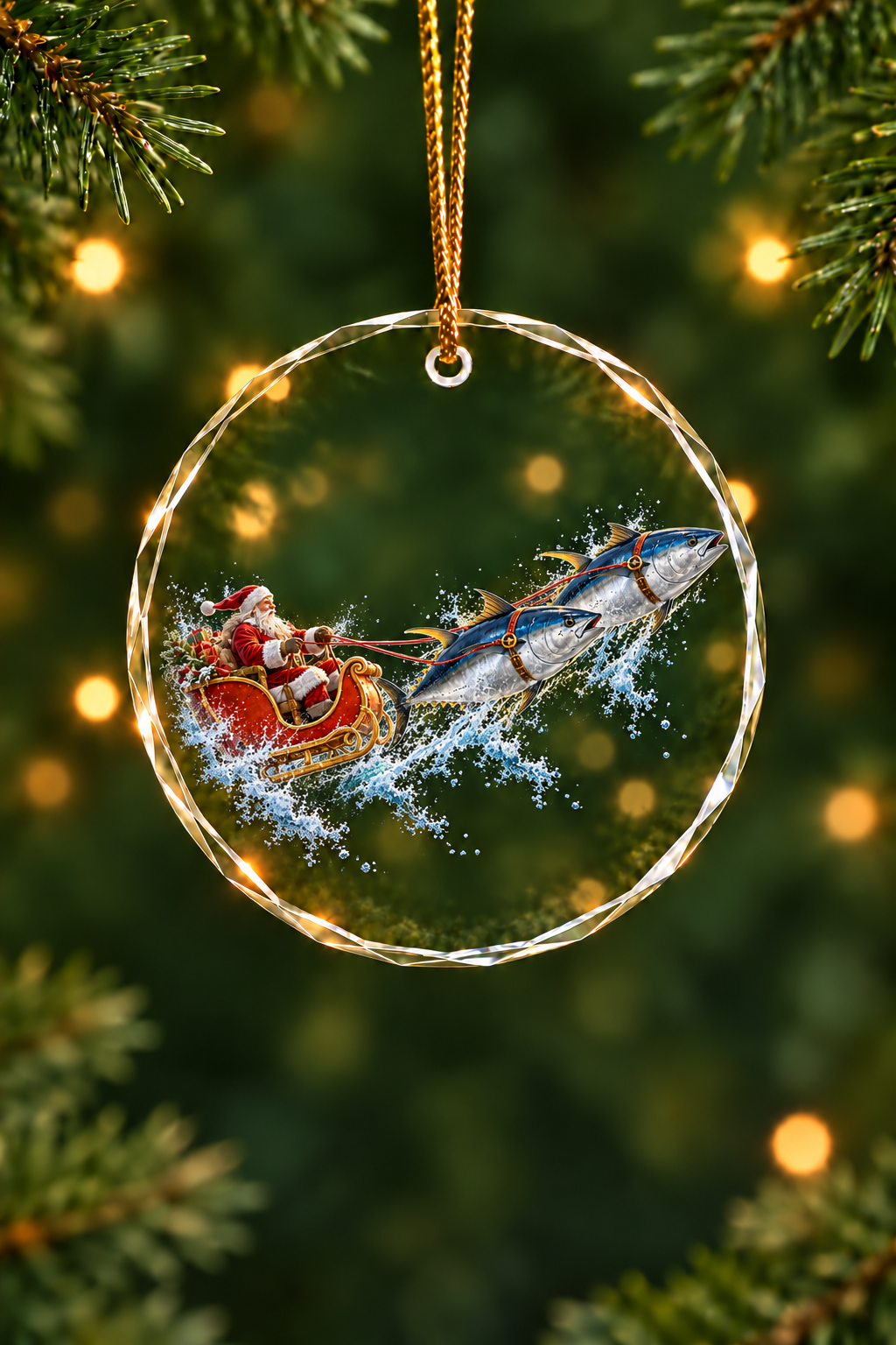 Santa's Bluefin Sleigh Glass Ornament, Saltwater Fishing Christmas Keepsake