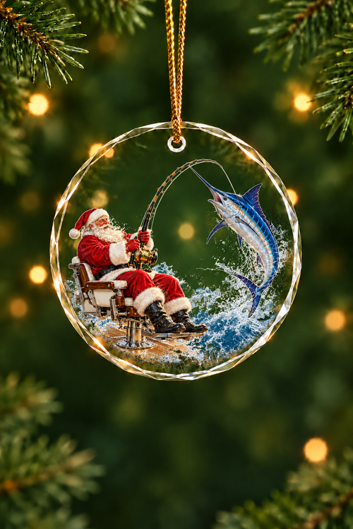 Santa's Fighting Chair Marlin Glass Ornament, Saltwater Fishing Christmas Keepsake
