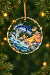 Yacht Lights Blue Marlin Glass Ornament, Fisherman Christmas Gift