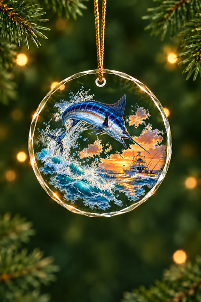 Yacht Lights Blue Marlin Glass Ornament, Fisherman Christmas Gift