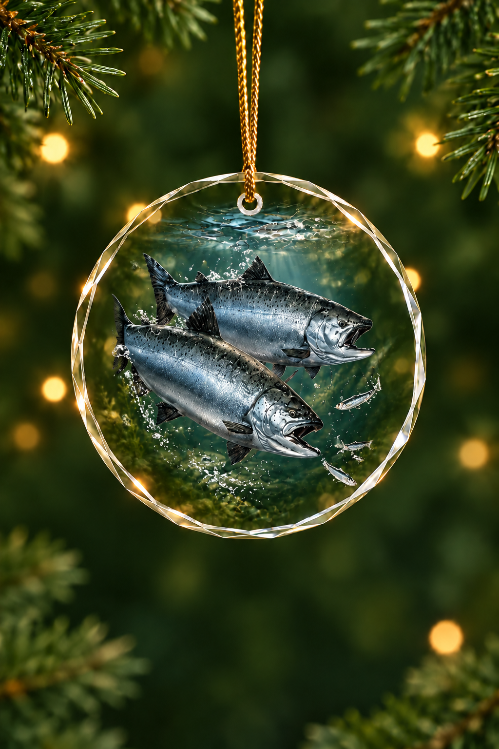 Dusk Lake Salmon Glass Ornament, Fishing Christmas Tree Keepsake
