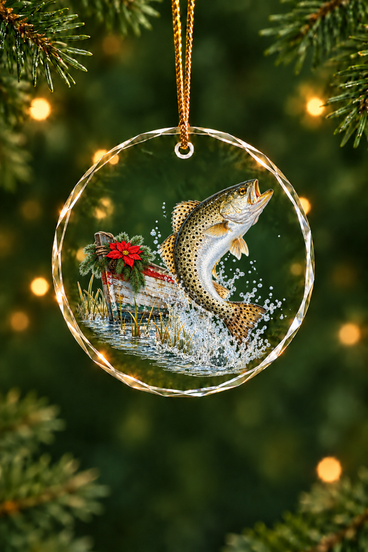 Poinsettia Skiff Speckled Trout Glass Ornament, Saltwater Fishing Christmas Keepsake
