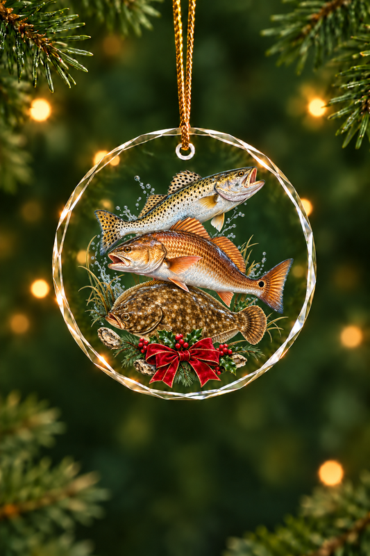 Holly Bow Inshore Grand Slam Redfish Glass Ornament, Saltwater Fishing Christmas Keepsake