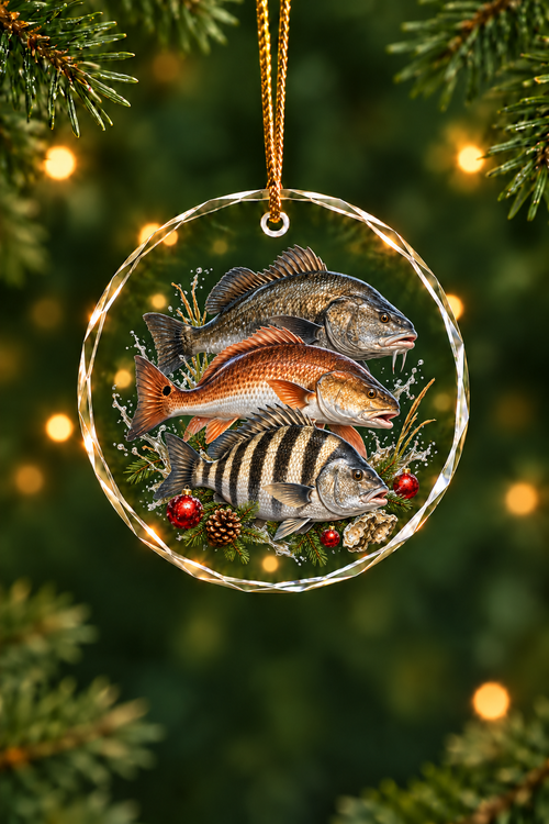 Oyster Garland Redfish Drum Slam Glass Ornament, Saltwater Fishing Christmas Keepsake
