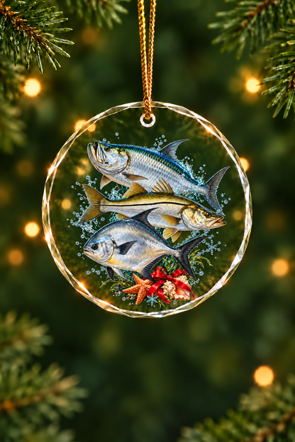 Starfish Ribbon Permit Snook Slam Glass Ornament, Fisherman Christmas Gift