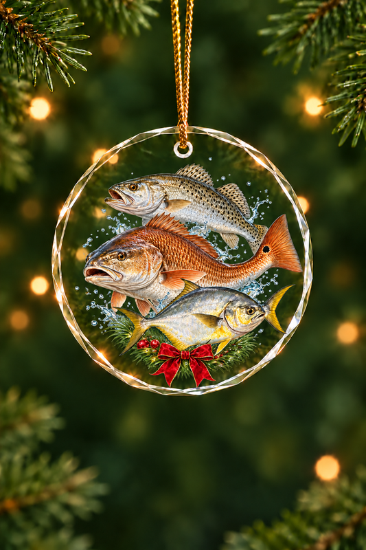 Palm Wreath Speckled Trout Slam Glass Ornament, Angler Holiday Tree Decor