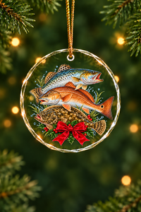 Christmas Wreath Flounder Redfish Slam Glass Ornament, Saltwater Fishing Christmas Keepsake