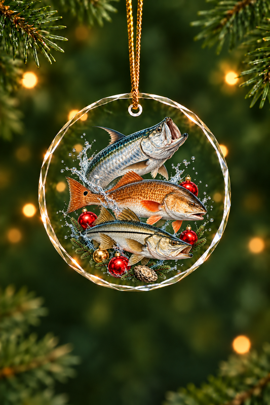 Bauble Splash Tarpon Redfish Slam Glass Ornament, Saltwater Fishing Christmas Keepsake