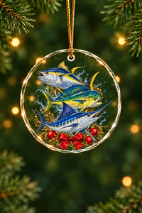 Sargassum Bow Mahi Tuna Marlin Slam Glass Ornament, Fisherman Christmas Gift