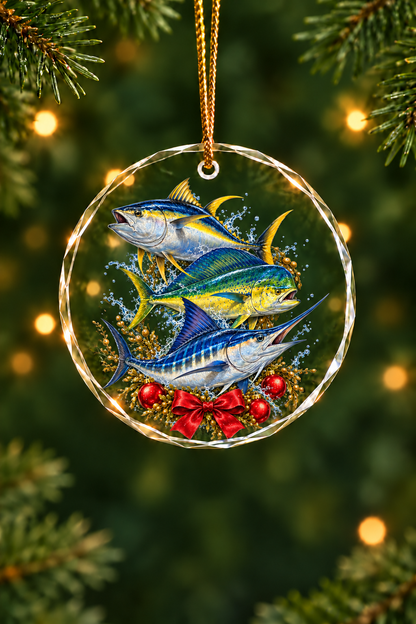 Sargassum Bow Mahi Tuna Marlin Slam Glass Ornament, Fisherman Christmas Gift
