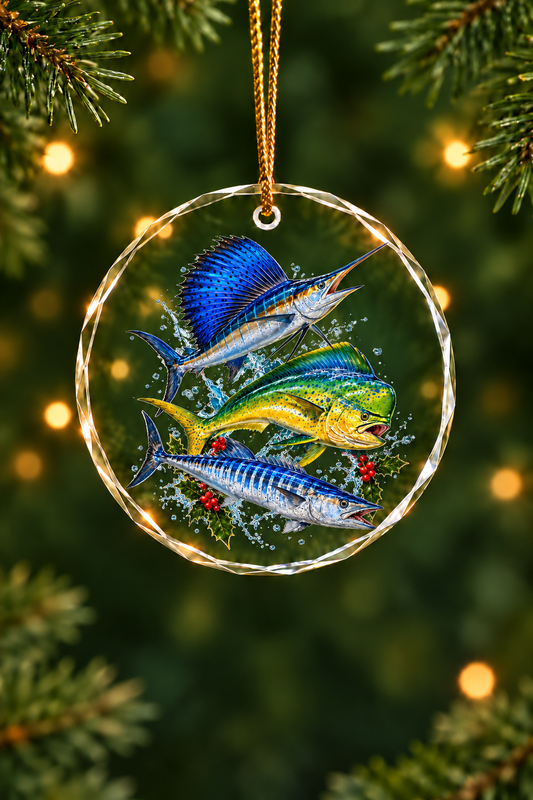 Snowfall Sailfish Wahoo Mahi Slam Glass Ornament, Angler Holiday Tree Decor