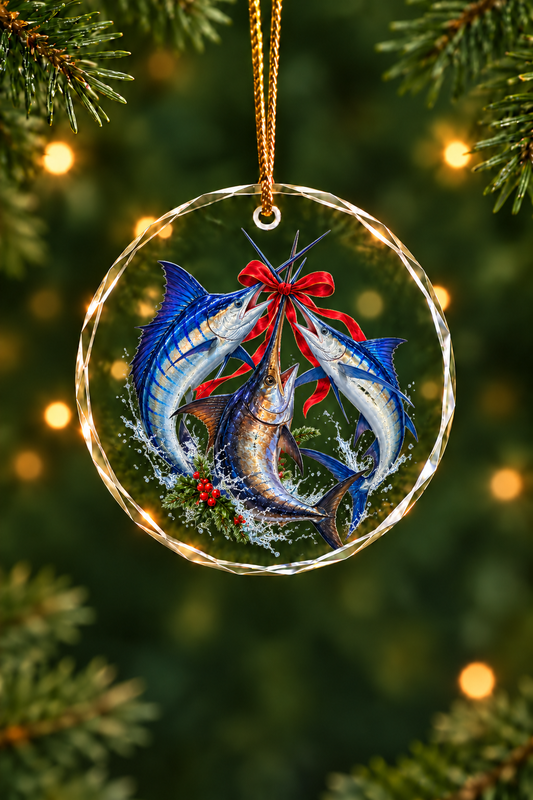 Ribbon Cross Marlin Swordfish Slam Glass Ornament, Saltwater Fishing Christmas Keepsake