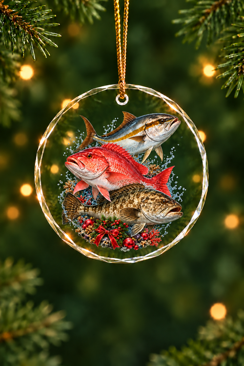 Reef Wreath Snapper Grouper Slam Glass Ornament, Fisherman Christmas Gift