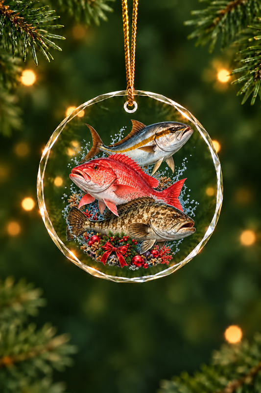 Reef Wreath Snapper Grouper Slam Glass Ornament, Fisherman Christmas Gift