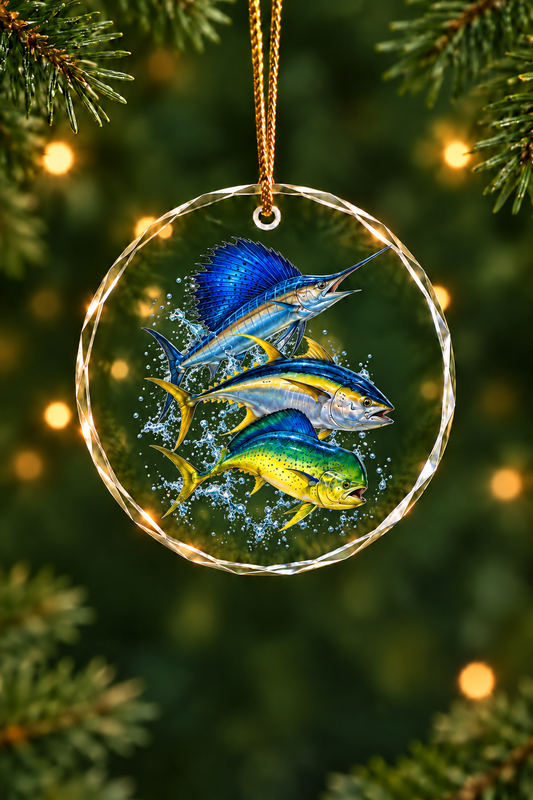 Lit Tree Yellowfin Sailfish Slam Glass Ornament, Fisherman Christmas Gift