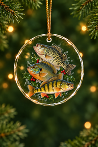 Holly Wreath Bluegill Crappie Perch Slam Glass Ornament, Fisherman Christmas Gift