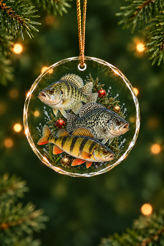 Sunken Tree Crappie Perch Slam Glass Ornament, Fisherman Christmas Gift