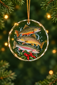 Mountain Stream Trout Slam Glass Ornament, Angler Holiday Tree Decor