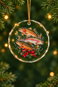 Pine Wreath Cutthroat Rainbow Trout Slam Glass Ornament, Angler Holiday Tree Decor
